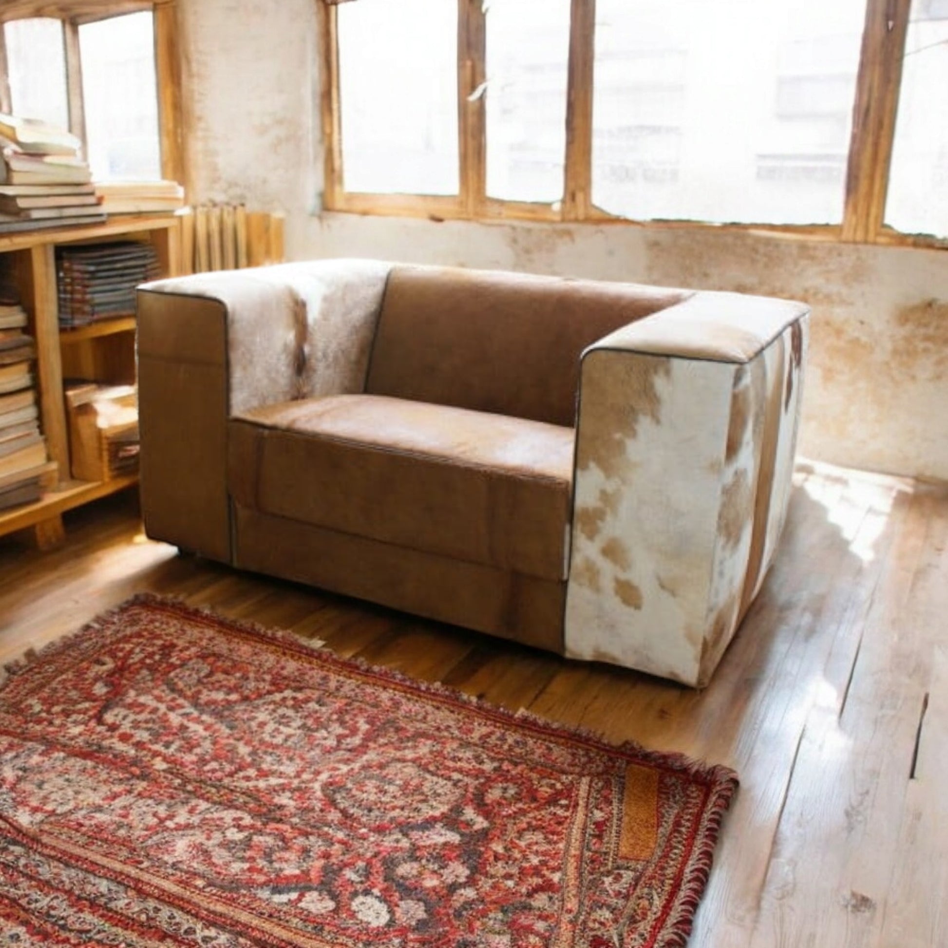 Kubus loveseat in bruin met wit koeienhuid